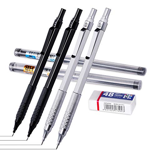 Mechanical Pencil 0.5, 0.7mm 2 Sizeswith Eraser and HB Lead Refills, 7Piece Kit Metal Automatic