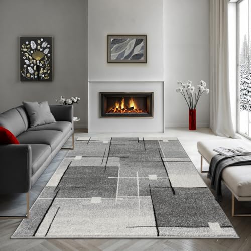 the carpet Pearl – Moderner Kurzflor Teppich, dichter Flor, geometrisches Muster, Konturenschnitt, Wohnzimmer & Schlafzimmer Teppich, Kariert, Grau, 2