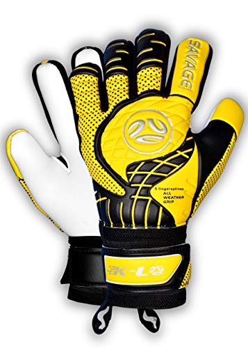 FINGERSAVE Goalkeeper Gloves by K-LO - The Savage Goalie Glove Has Fingersave Protection in All 5-Fingers to Prevent Injury and Improve Shot Blocking. Super Sticky Palms.Youth &Adult Sizes. Yellow.