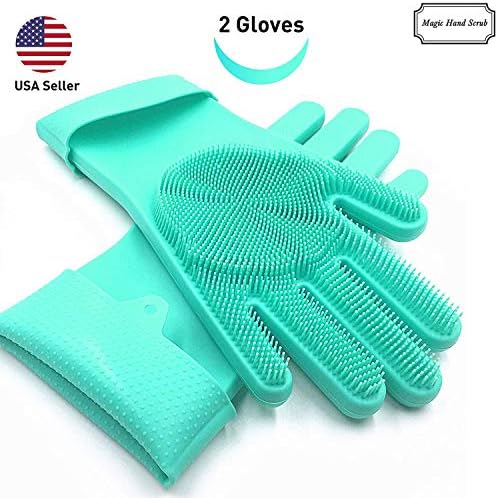 Magic Hand Scrub- Silicone Scrubber Gloves 2 Gloves, Reusable Dishwashing Scrub Brush, Heat Resistant Cleaning - 100% Food Grade Certified, Eco Friendly & Premium Pet Grooming & Car Wash (Aqua/Mint)