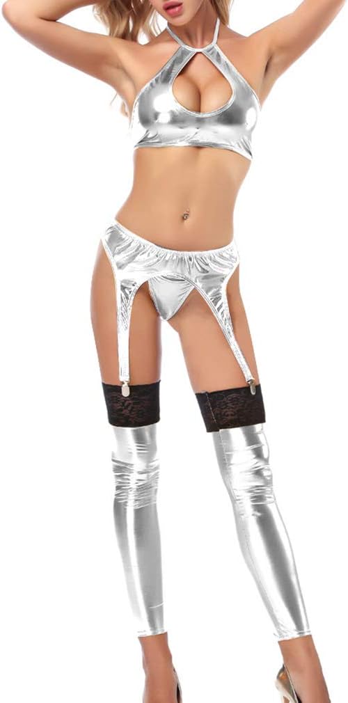 Sexy Women Shiny Metallic Halter Bra Crop Top Garter Belt Thong Bottomless Socks Lingerie Set