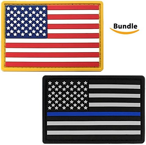 Bundle American Flag PVC Patch & Thin Blue Line - USA Flag Patch United States of America Military Uniform Tactical Jacket Milsim Hats - Soft Rubber Emblem - Hook & Loop - 3" x 2"