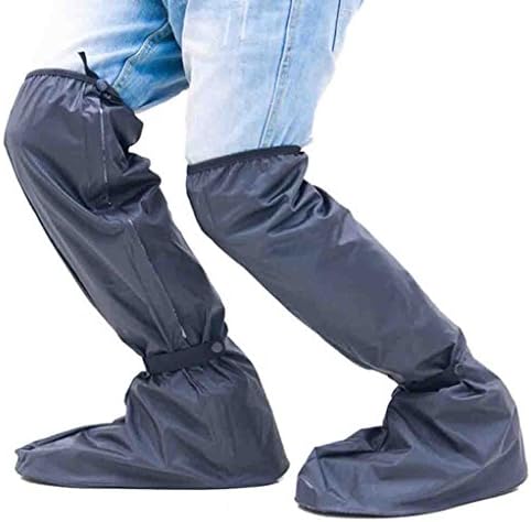 Men's Black PVC Long Over Knee Rainproof Shoes Cover Zippered Non-slip Bottom Rainshoes Reusable Waterproof Shoes (XL)