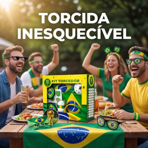 Kit Torcedor Brasil Copa 2026 12 Peças – Fantasia Completa com Faixa Cabeça, Óculos, Bandeira 150x90cm, Bastões Infláveis, Corneta, Tinta Facial e Lança Confete – Festa Churrasco Premium