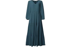 ZEFOTIM Casual Dresses for Women 2023 Long Sleeve V Neck Loose Fitted Plain Flowy Maxi Tiered Dress