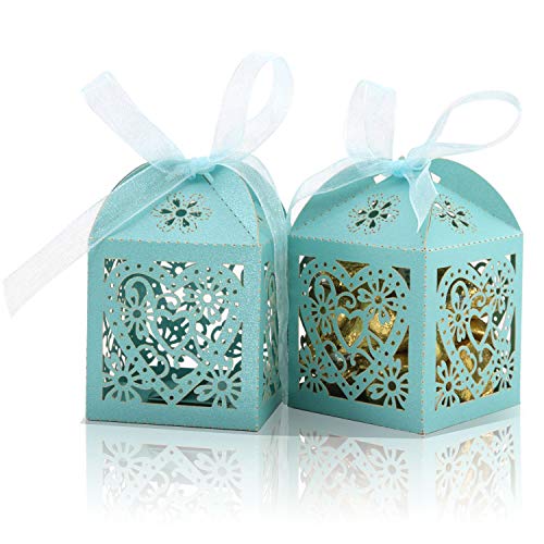 COTOPHER 60 Pack Love Heart Laser Cut Candy Boxes Wedding Party Favor Boxes Small Gift Boxes for Wedding Bridal Shower Baby Shower Birthday Party (60, Lake Blue)