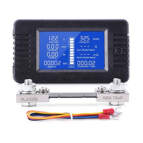 MNJ Motor DC Multifunction Battery Monitor Meter, 0-200V 0-100A LCD Display Digital Current Multimeter Voltmeter Ammeter for Cars RV Solar System