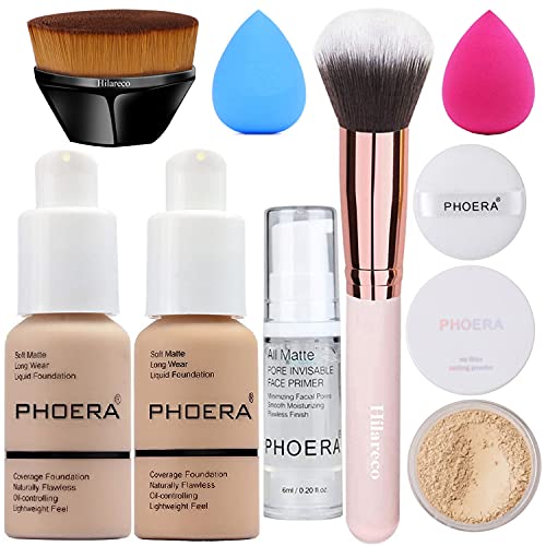 PHOERA Makeup Set - Full Coverage Foundation, Kabuki Brushes, Powder, Primer & 2 Pcs Makeup Sponge (102 Nude + 104 Buff Beige)