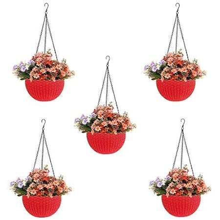 MOMS GADGETS,RED Round Rattan Woven Plastic Flower Hanging Planter/Beautiful Round Gamla Pot/Flower Hanging Pot for Garden Balcony Red,Pack of (5)