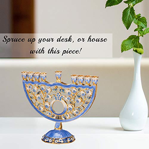 Matashi Hand Painted Blue Enamel Pomegranate Design Menorah Candelabra Embellished with Gold Accents and Crystals Jewish Candle Holder Hanukkah Gift Housewarming Showpiece Centerpiece for Living Room - Thumbnail 4