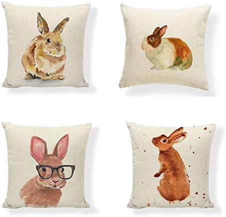 PSDWETS Easter Rabbit Home Decor Pillow Covers Set of 4 Cotton Linen Cute Bunny Throw Pillow Case Cushion Cover 18 X 18
