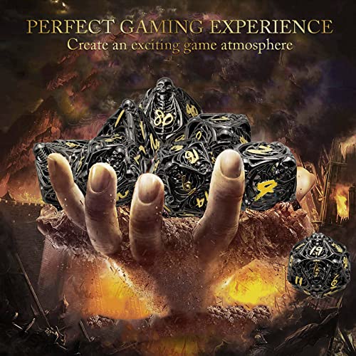 DND Metal Dice Set, Hollow Skull D&D Dice Sets, ZHOORQI 7Pcs Bronze Polyhedral Dices for Tabletop Games Dungeons and Dragons D&D Dice MTG Pathfinder Role Playing Game DND Collection (Black Gold)