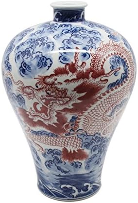 Legends of Asia Asian Traditional Chinese Blue and White Plum Vase with Copper Red Dragon