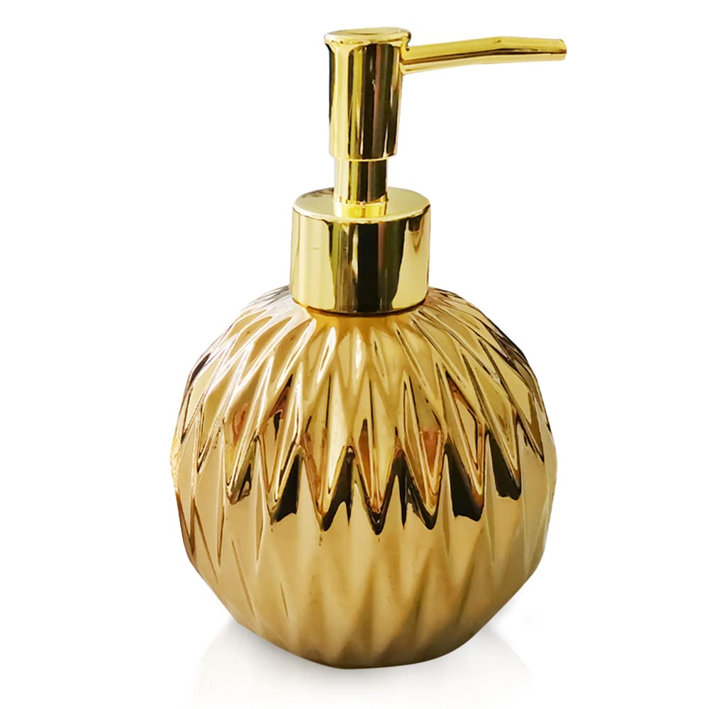 Ceramics Gold Soap Dispenser for Bathroom, Round Soap Dispenser with Delicate Embossed Rhombus Design (Gold)