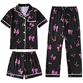 MyFav Girls Pajama Sets 3pcs Button Down Short Sleeve Top Shorts & Long Pants With Cute Patterns SleepwearNighty For Teens