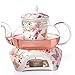 Jusalpha® Fine Bone China Coffee Cups Flower Series Teacup Saucer Spoon with Teapot Warmer & Filter, 16 pcs in 1 set (FL-Glass pot 02)