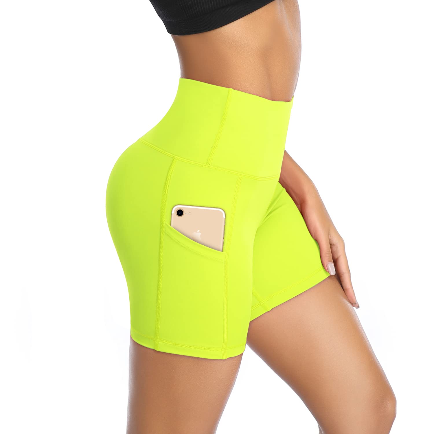 Photo 1 of DAYOUNG Women Yoga Shorts High Waist Tummy Control Workout Biker Running Athletic Compression Short with Pockets Y27-Yellow-M