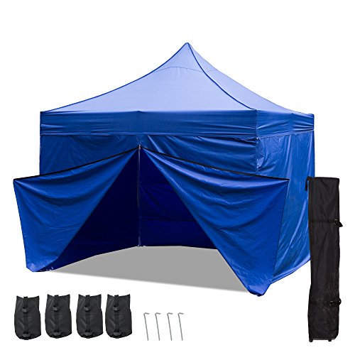 Punchau Commercial Pop Up Canopy Tent with Four Sidewalls 10 x 10 Feet, Blue - UV Coated, Waterproof Outdoor Party Gazebo Tent - Includes 4 Weights, Roller Carry Bag, and Stake Set