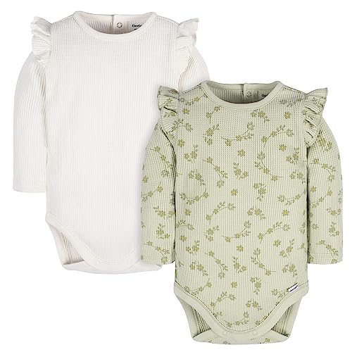 Gerber Baby Girls 2-Pack Long Ruffle Sleeve Onesies, Flower Toss, 6-9 Months