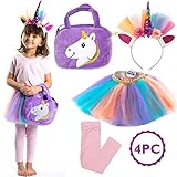 Girls Rainbow Unicorn Tutu Set - 4PC -Bag - Pastel Colors w/Layered Dress Skirts - Headband - for Age 5-6 Years Old Costume - Little Girl Princess - Lavender - Pink - Unicorn Birthday - Halloween