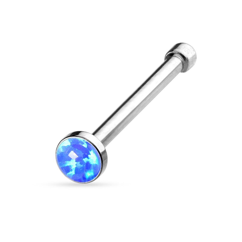 PiercedOff 316L Surgical Steel Nose Bone Stud with Flat Blue Synthetic Opal Head - Thickness 20GA (0.8mm) / Length 6mm / Head Size 2.5mm