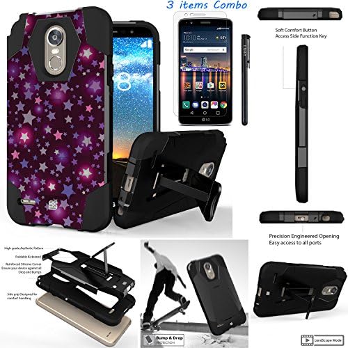 For LG Stylo 3 LG Stylo 3 Plus 2017 LS777 MP450 M430 L83BL /ITUFFY 3items: LCD Film+Stylus Pen+[Dual Layer] [Impact Resistance] [KickStand] Hybrid Armor Case (Purple Pink Star)