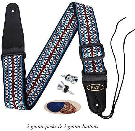 Guitar Strap，Phorcs Retro Guitar Strap Jacquard Weave Guitar Strap with Leather Ends - Soft Adjustable Guitar Strap for Electric Guitar Acoustic Bass, Includes 2 Picks - Best Gift for Guitarist