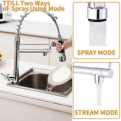 Commercial Kitchen Faucet with Pull Down Sprayer, TTILL Solid Brass Single Handle Spring Kitchen Sink Faucet Two Spout, 360° Rotation, Lead-Free, Chrome Finished