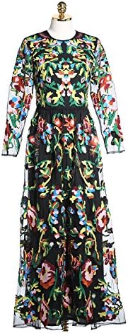 2017 Spring Summer Fashion Embroidery Floral Chiffon Mesh Long Sleeves O-Neck Large Swing Women Long Dress (12, Black)