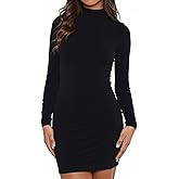 YOXUA Women Sexy Mock Neck Bodycon Mini Dress Long Sleeve Basic Slim Fit Bodycon Short Dresses
