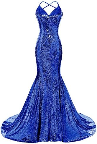 Dys Women's Sequins Mermaid Prom Dress Spaghetti Straps V Neck Backless Gowns