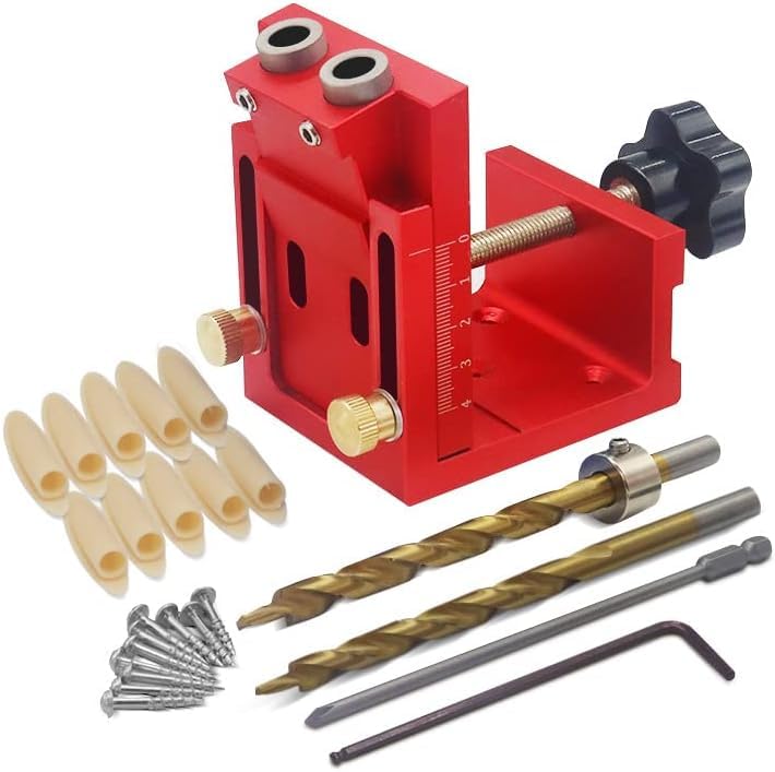 Pocket Hole Jig Kit, Portable Drill Guide Drill Jig for 15° Angled Holes, Aluminum Alloy Pocket Screw Jig, DIY Woodworking Tools, Pocket Hole Clamp with 9mm Drill Bit and Scale