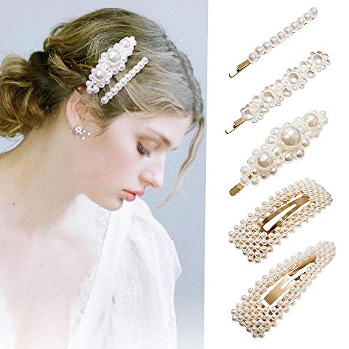 MJartoria 5 Pcs Pearls Hair Clips for Women Girls for Birthday Metal Bobby Pins Bling Hairpins Headwear Barrette Styling Tools Accessories (White, Artificial Pearls)