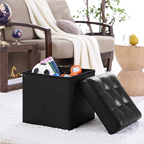 Ellington Home Foldable Tufted Faux Leather Storage Ottoman Square Cube Foot Rest Stool/Seat - 15