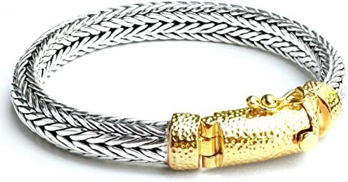 8.4mm Men Braided Bracelet 925 Sterling Silver Woven Chain Link Bracelet Bali Style, 18K Bonded Yellow Gold Clasp Length 7.5,8,8.5,9