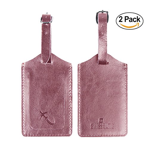 SwissElite Genuine Leather Luggage Tags & Bag Tags 2 pieces Set in 5 Color (Pink)
