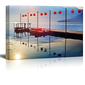 Lanterns on a Bridge Over a Lake with Boats by The Side - Canvas Art Home Art - 12x18 inches