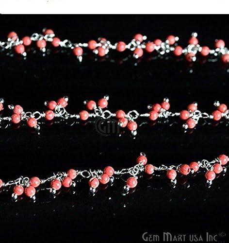 3Ft Red Coral Beads Cluster Rosary Chain, 2-2.5mm Silver Plated Wire Wrapped Rosary Chain(SPAO-30019)