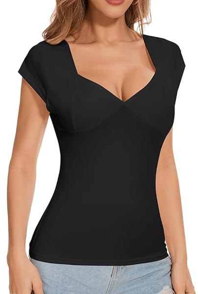 BONOTIE WOMEN’S DEEP V-NECK BACKLESS TOPS SHORT SLEEVE T-SHIRTS SLIM FIT BASIC CAUSAL SUMMER GOING OUT TOPS 2024 BLACK