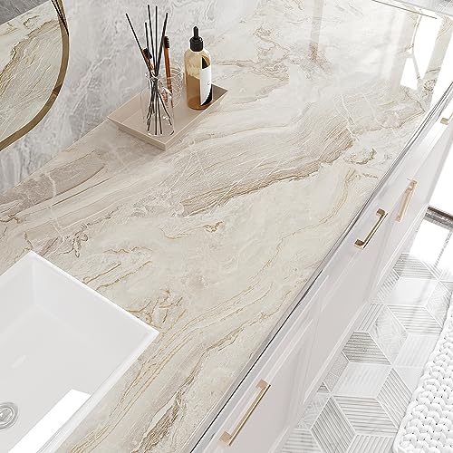 VEELIKE Wallpaper Wall Sticker Wall Paper Decor Beige Gold Marble Peel and Stick Self Adhesive Thick Durable Waterproof Removable Vinyl 15.7x118 Inches for Living Room Bedroom Kitchen Cabinets for DIY