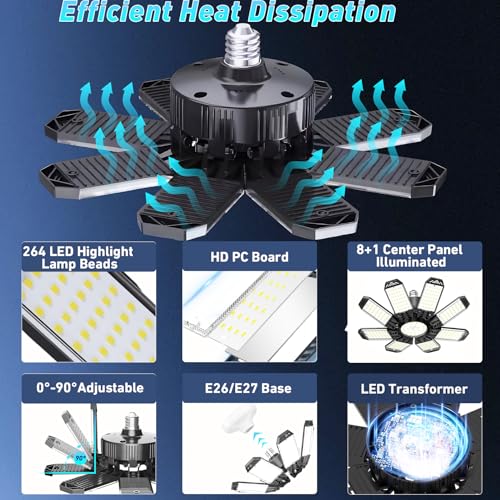 LAMLAMCK Garage Lamp 210W – 6 Pieces 21000LM 6500K Super Bright LED Garage Light with 8+1 Adjustable Panel, E26/E27 Sockets LED Lighting for Garage, Warehouse, Basement, Workshop and Storage Room