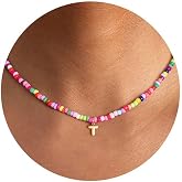 M MOOHAM Colorful Beaded Initial Necklaces for Girls - Gifts for Girls Kids | Cute Dainty Bead Bohemian Letter Necklace Birthday Gifts for Kids Girl Jewelry