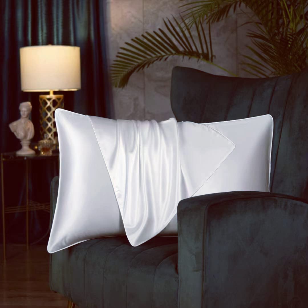 Both Sides Luxury Mulberry Silk Pillowcase 19 Momme Soft Breathable Avoid Facial Wrinkles Hidden Zipper 1pc/pack 100% Pure Natural Silk (White, Standard 50x75cm)