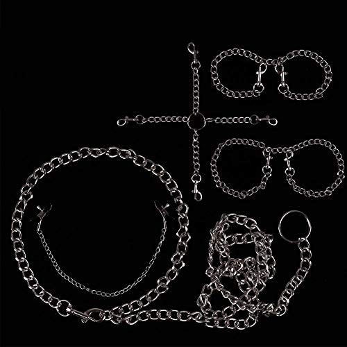 5 Piece Metal Bondage Restraints Set Kit for Bed and Under Bed Sex Play SM Bondage Toy Gear Wrist Ankle Cuff Handcuff Collar Nipple Clip Strap On Harness for Women Couples Lesbian Female,A1