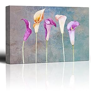 Watercolor Cala Lilies Flowers on a Blue Watercolor Background - Canvas Art Home Art - 12x18 inches