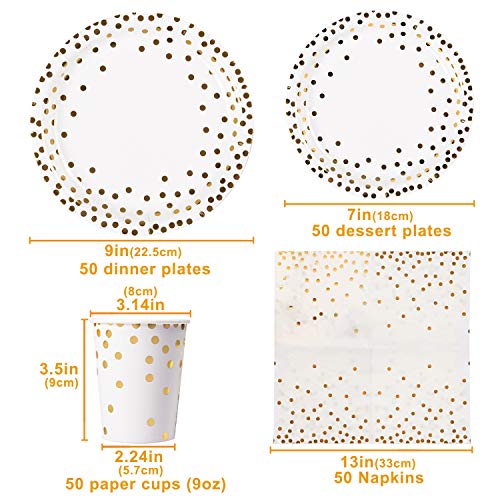 200PCS Gold Dot Disposable Paper Plates,Cups and Napkins, Tableware Sets Include 50 Dinner Plates, 50 Dessert Plates, 50 9 oz Paper Cups, 50 Luncheon Napkins, for Baby Shower Birthday Wedding Party - Thumbnail 6