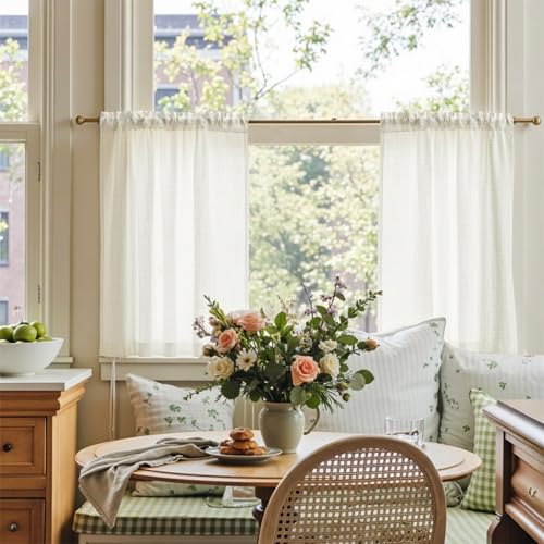 TOPICK Kitchen Curtains with Rod Pocket Bistro Rod Pocket for Living Room Translucent Modern Farmhouse Country Style with Tunnel Linen White Set of 2 65 x 90 cm