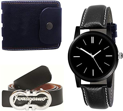 Xforia Men's Combo Set of Black Free Size Belt, Analogue Watch and Leather Wallet