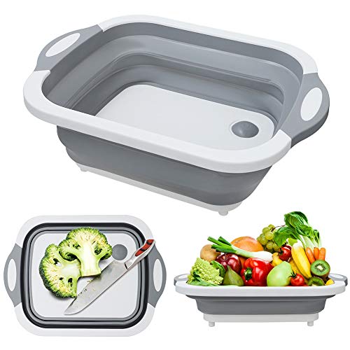 MFTEK Foldable Multifunction Chopping Board, Collapsible Dish Tub Basin Cutting Board Colander, Vegetable Fruit Wash and Drain Sink Storage Basket, Space Saving for Kitchen Home