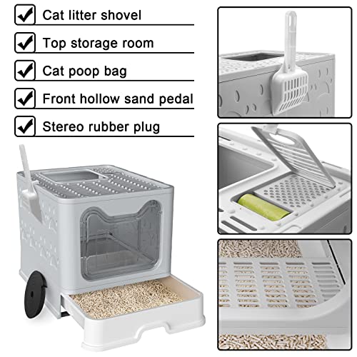 Foldable Cat Litter Box with Lid, Enclosed Cat Potty, Top Side Entry
